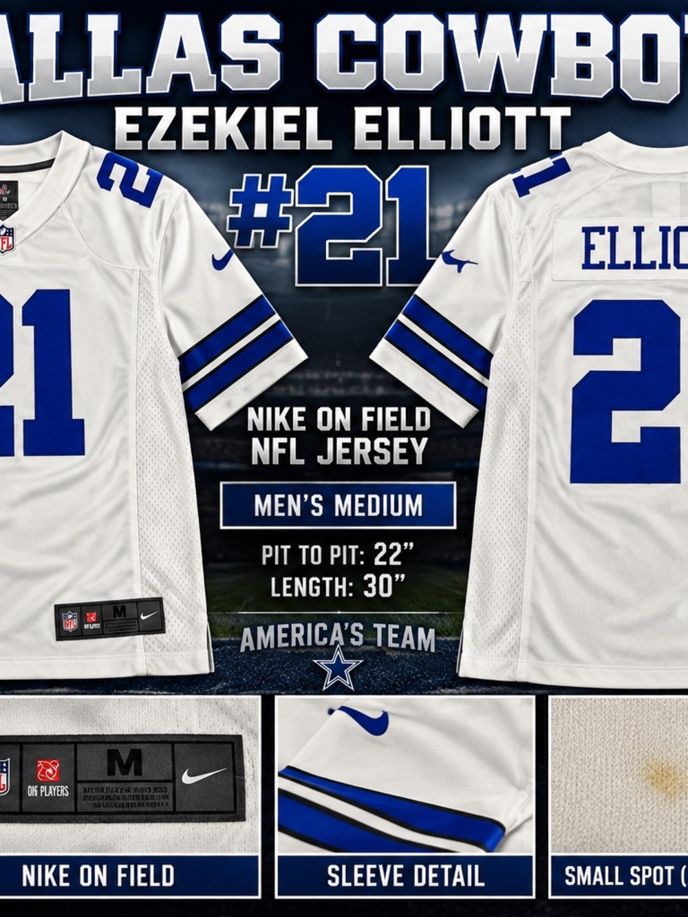 Nike Dallas Cowboys Ezekiel Elliott #21 NFL On Field Jersey Men M White